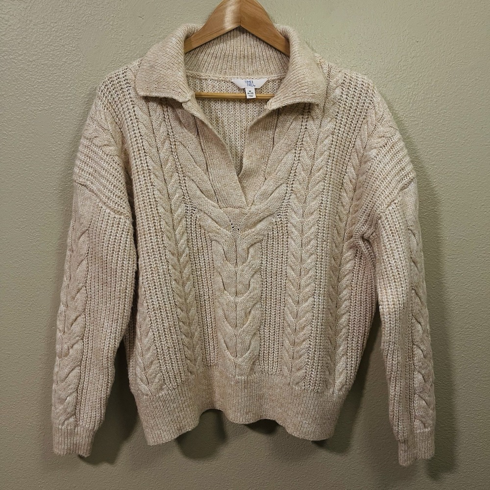Time & True Chunky Oversized‎ Sweater Cable Knit Beige Cozy Ski Women's Size M
